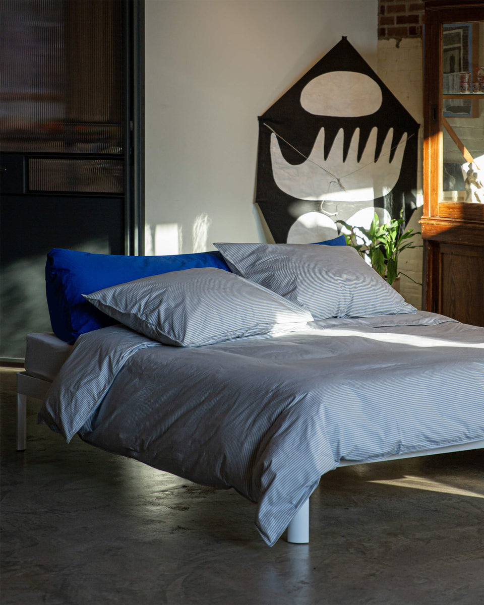 Housse de couette Coton Rayure Bleu Ecru